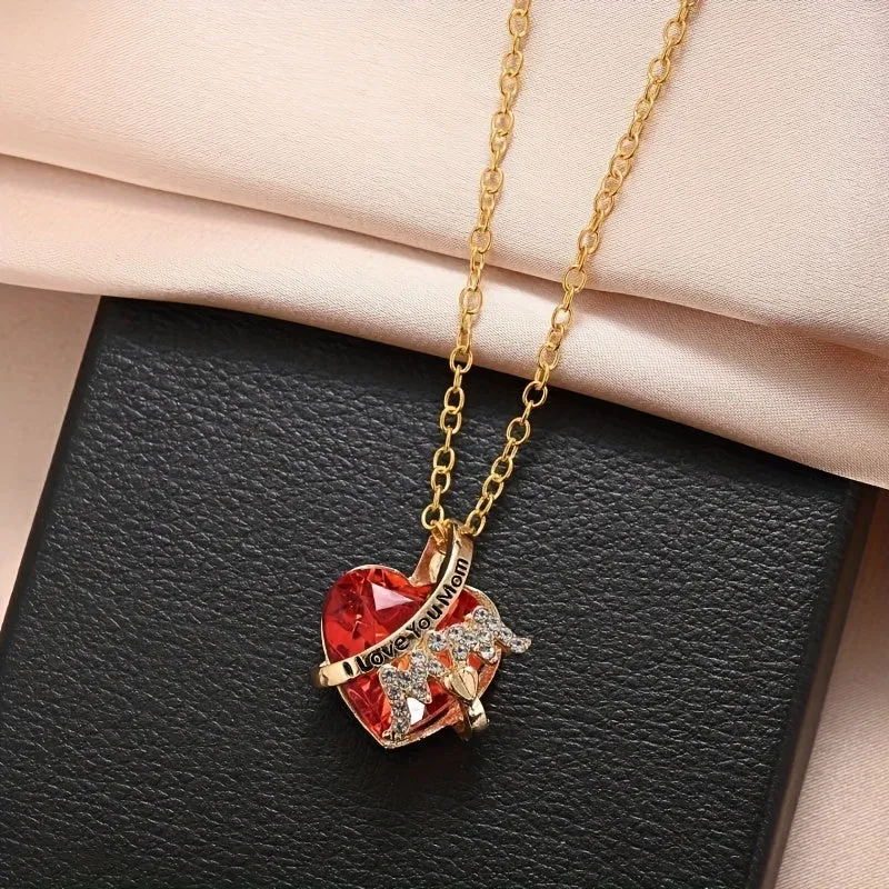 Heart Shape Crystal Necklace Ruby Pendant Necklace Men Women Banquet Party Jewel