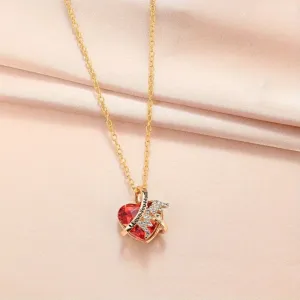 Heart Shape Crystal Necklace Ruby Pendant Necklace Men Women Banquet Party Jewel