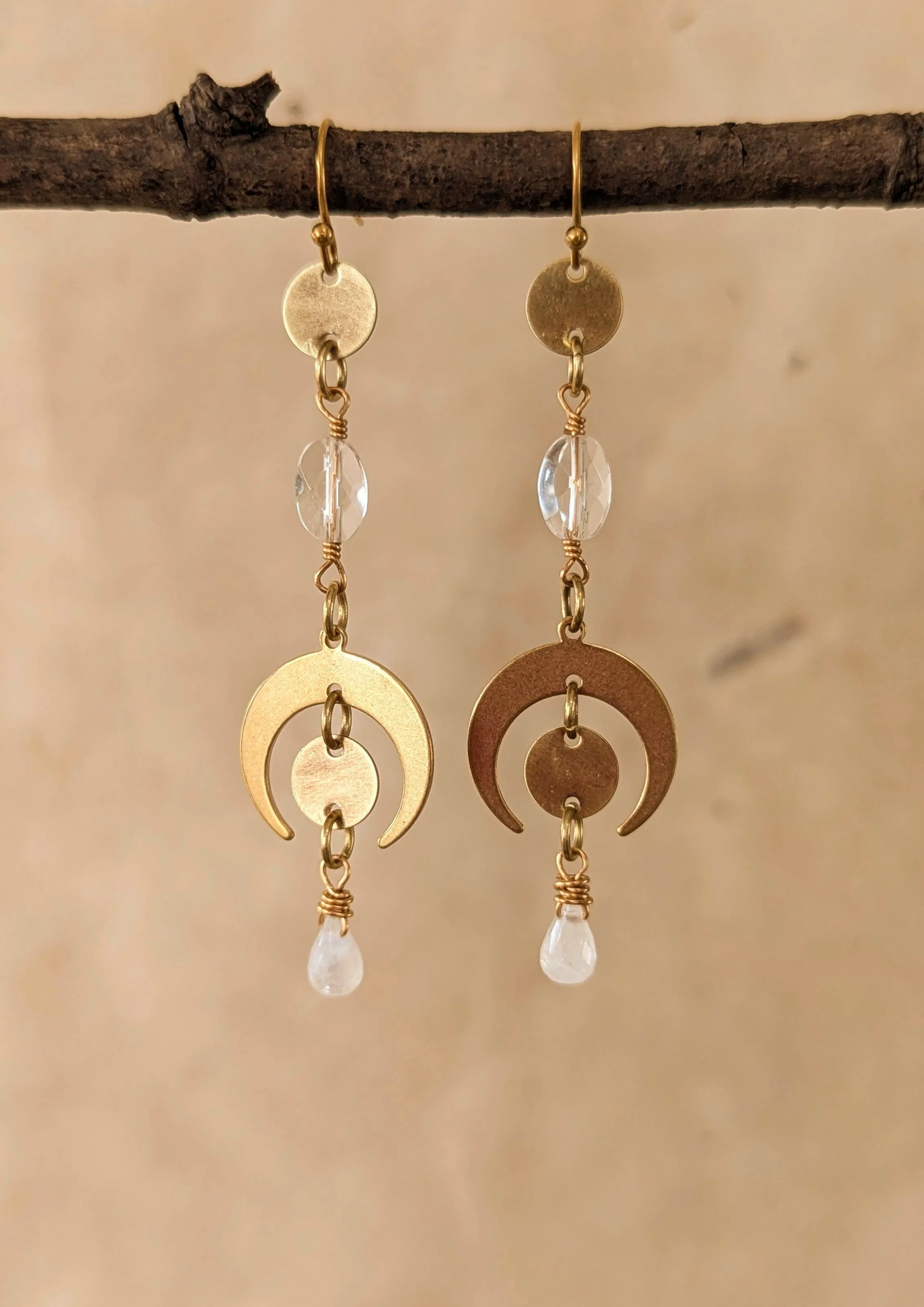 Helene Crescent Moonstone Brass Earrings