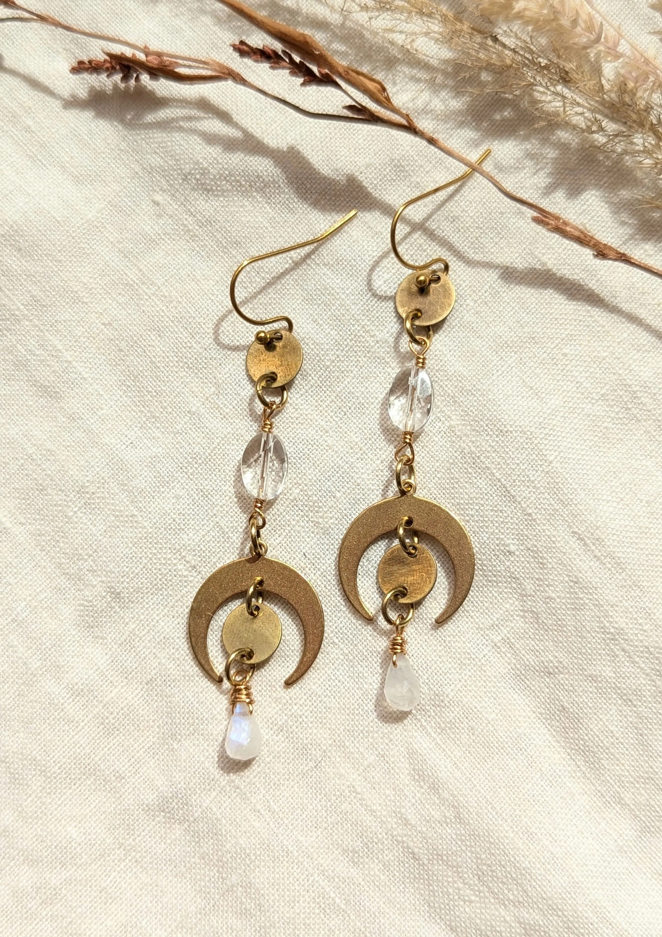 Helene Crescent Moonstone Brass Earrings