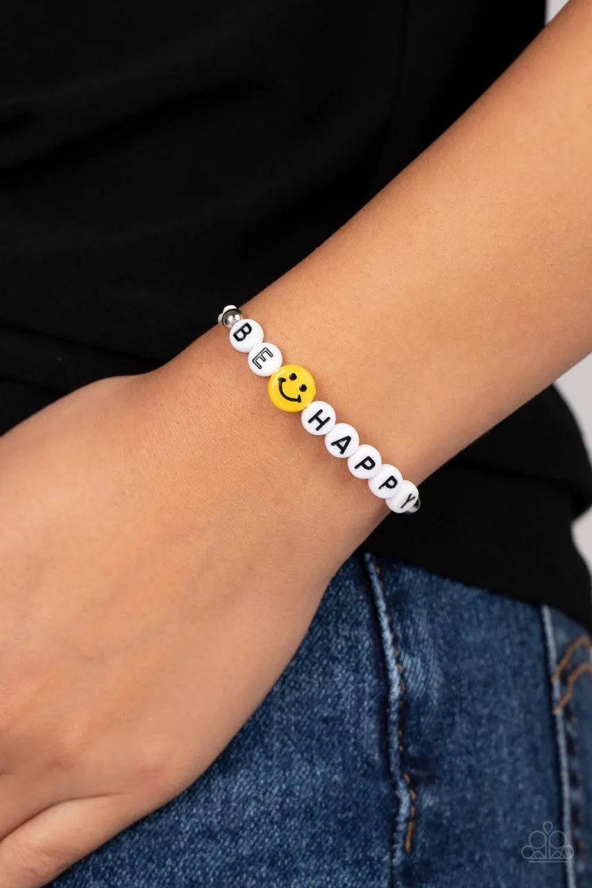 I Love Your Smile - Silver - "Be Happy" Smiley Face Inspirational Bead Paparazzi Pull-Cord Bracelet