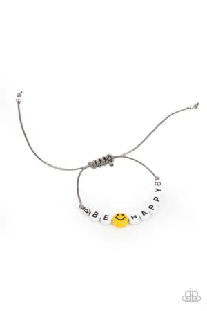 I Love Your Smile - Silver - "Be Happy" Smiley Face Inspirational Bead Paparazzi Pull-Cord Bracelet