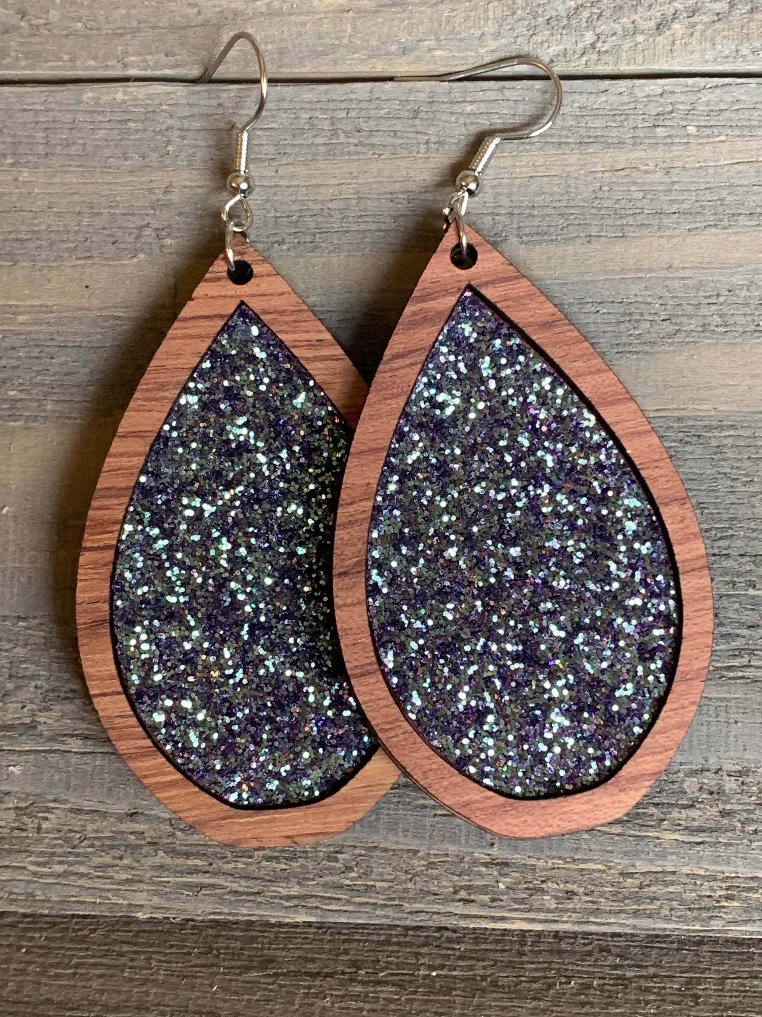 Iridescent Blue Glitter Wood Teardrop Earrings