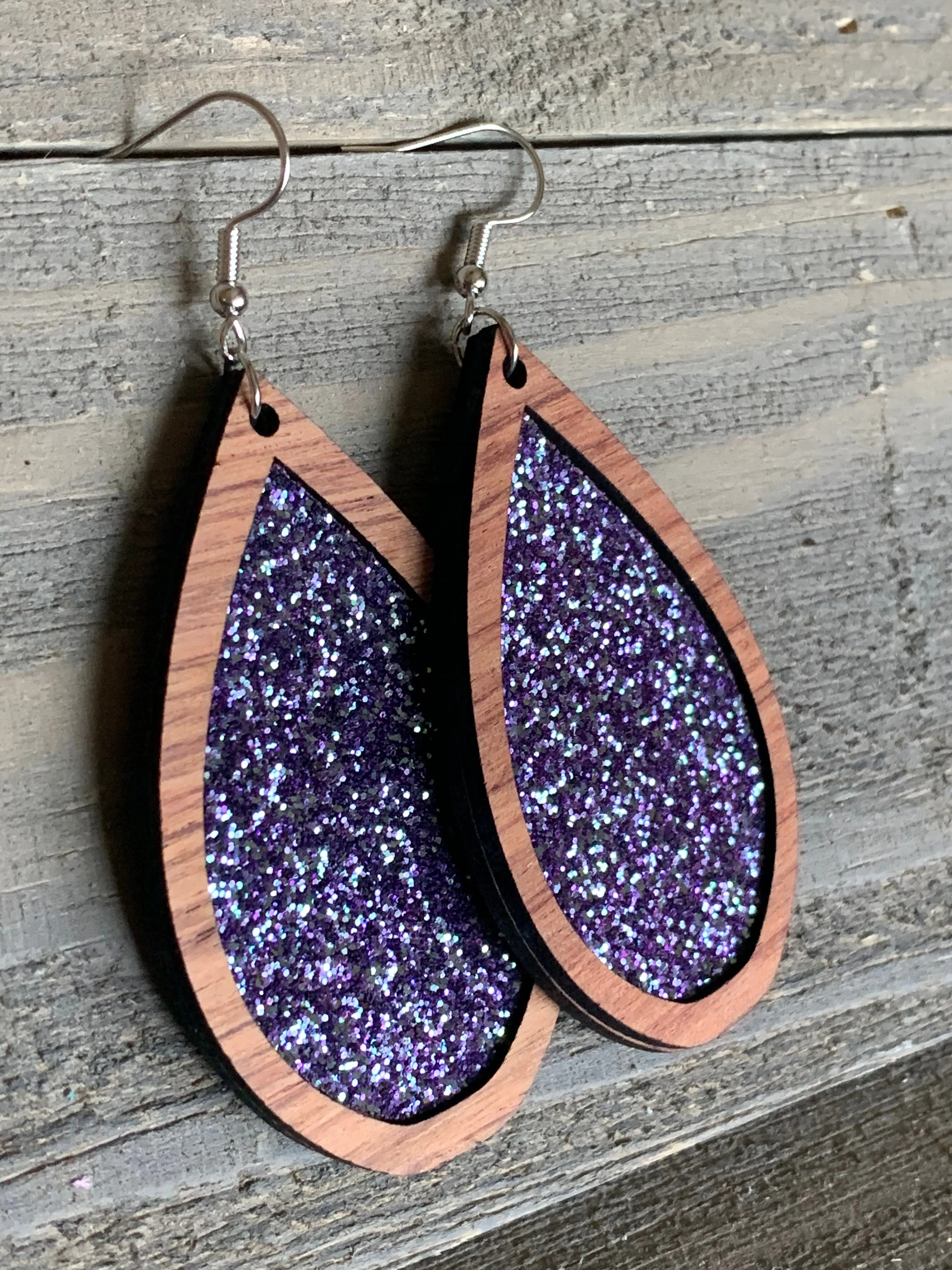 Iridescent Blue Glitter Wood Teardrop Earrings