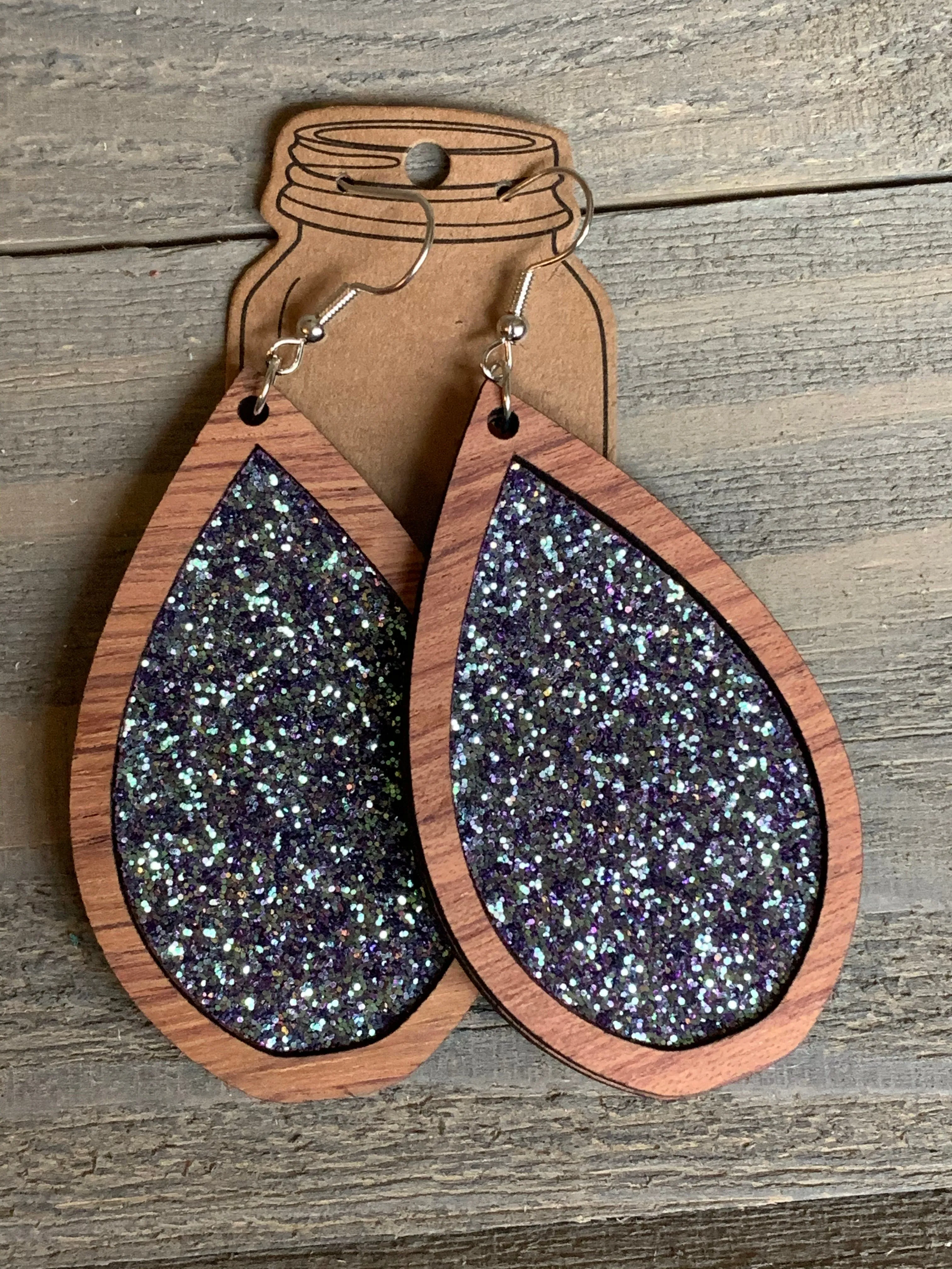 Iridescent Blue Glitter Wood Teardrop Earrings