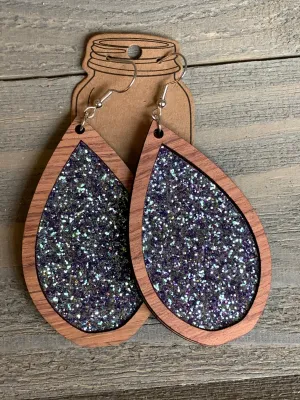 Iridescent Blue Glitter Wood Teardrop Earrings