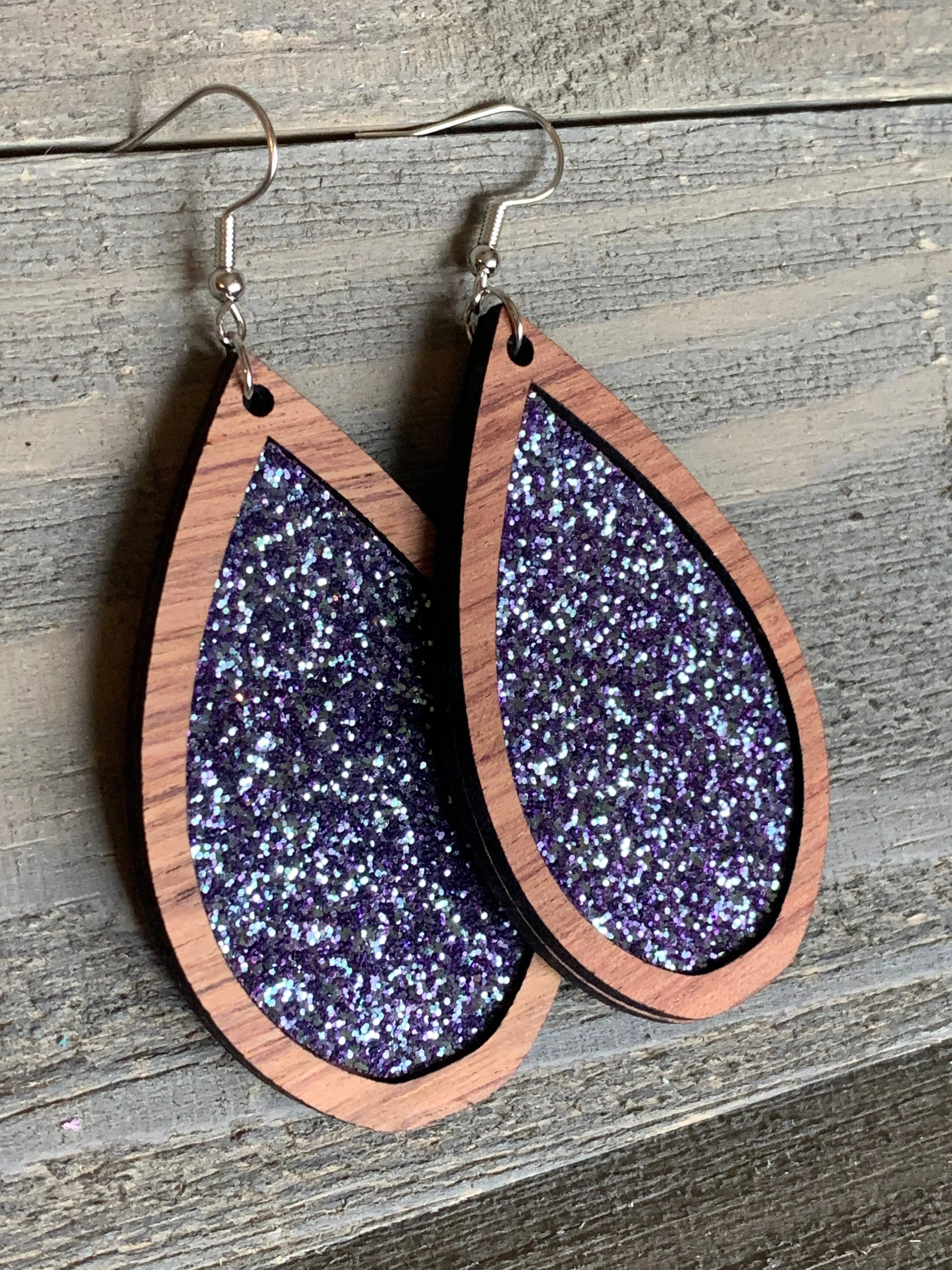 Iridescent Blue Glitter Wood Teardrop Earrings