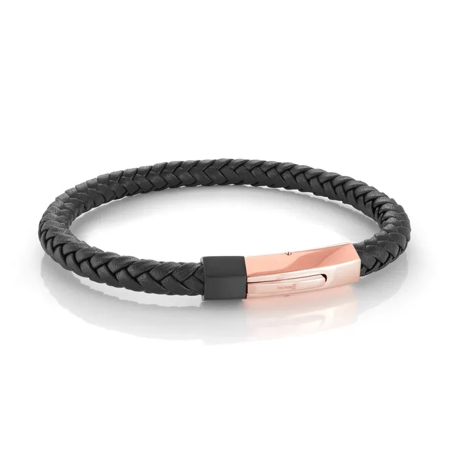 Italgem Black Braided Leather with Stainless Steel Black and Rose Plated Clasp Bracelet