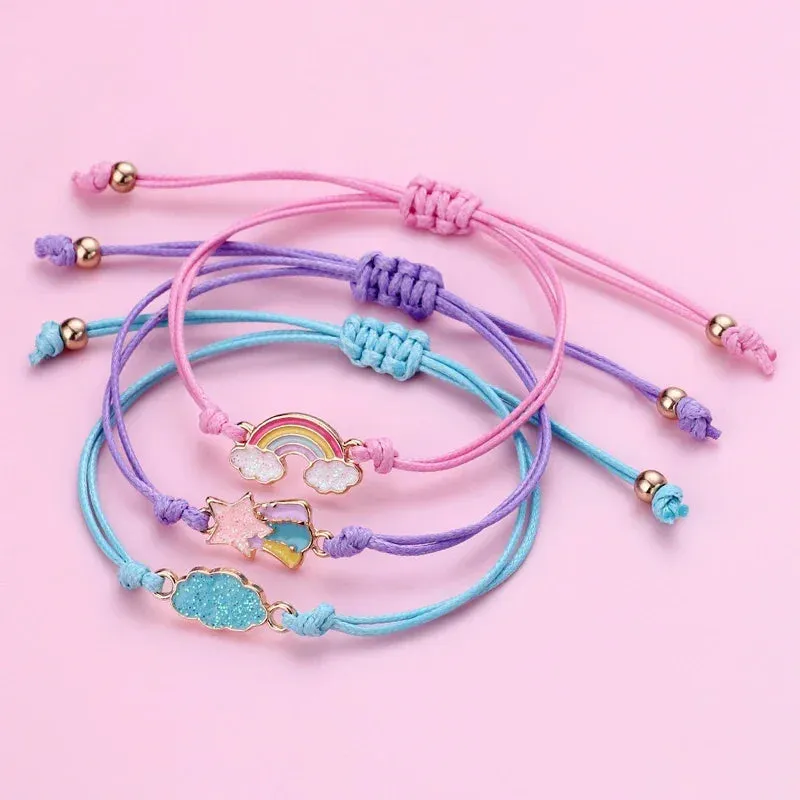 Kawaii Charm Bracelet Set 🌈💕 | 3Pcs Braided Unicorn, Heart & Star Accessories for Kids 🎀✨