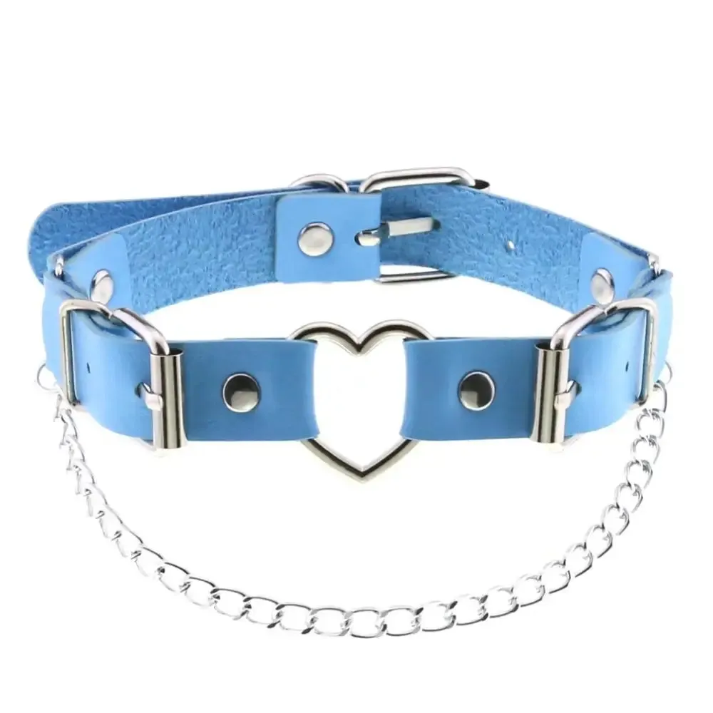 Kawaii Doll Heart Strap Chain Detail Choker Necklace in PU Leather