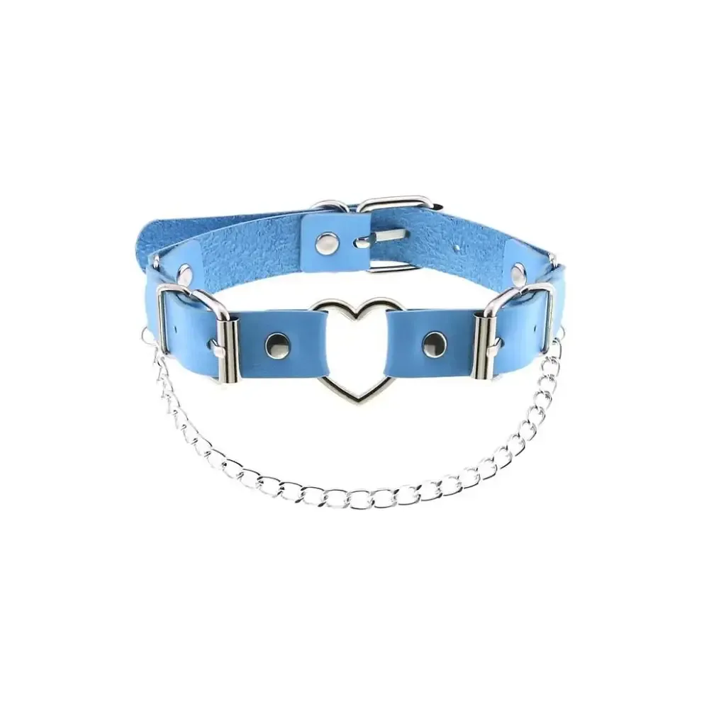 Kawaii Doll Heart Strap Chain Detail Choker Necklace in PU Leather