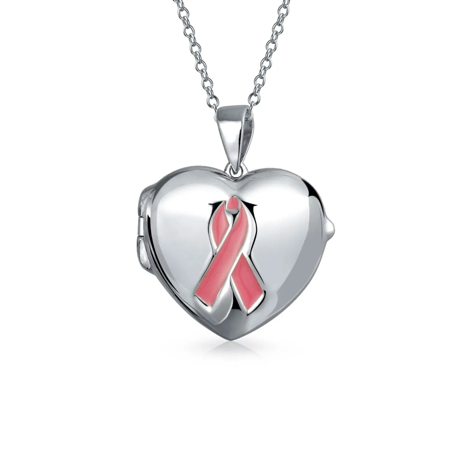 Keepsake Heart Locket Necklace with Pink Ribbon for Breast Cancer Awareness
