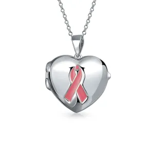 Keepsake Heart Locket Necklace with Pink Ribbon for Breast Cancer Awareness