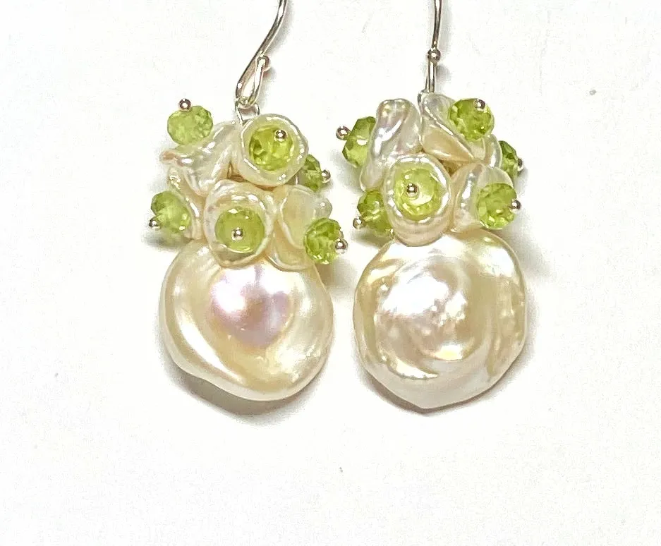 Keishi Pearl and Peridot Gemstone Cluster Earrings