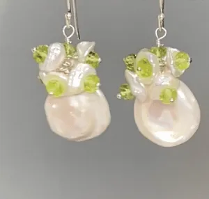Keishi Pearl and Peridot Gemstone Cluster Earrings