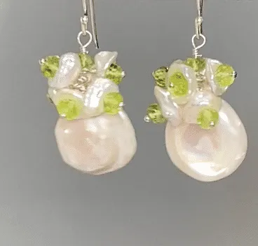 Keishi Pearl and Peridot Gemstone Cluster Earrings