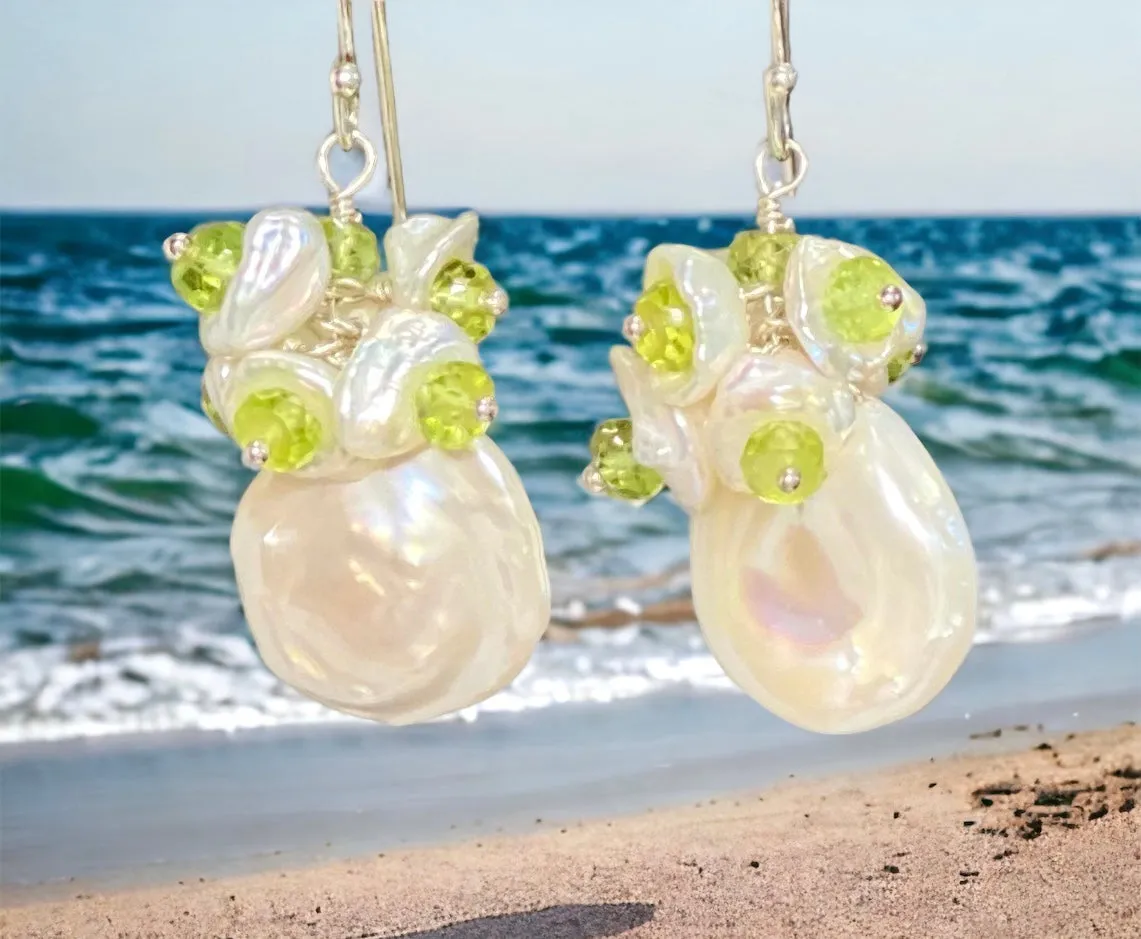 Keishi Pearl and Peridot Gemstone Cluster Earrings