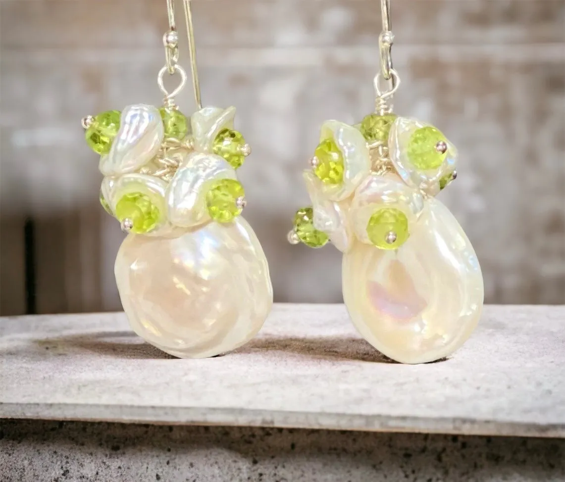 Keishi Pearl and Peridot Gemstone Cluster Earrings