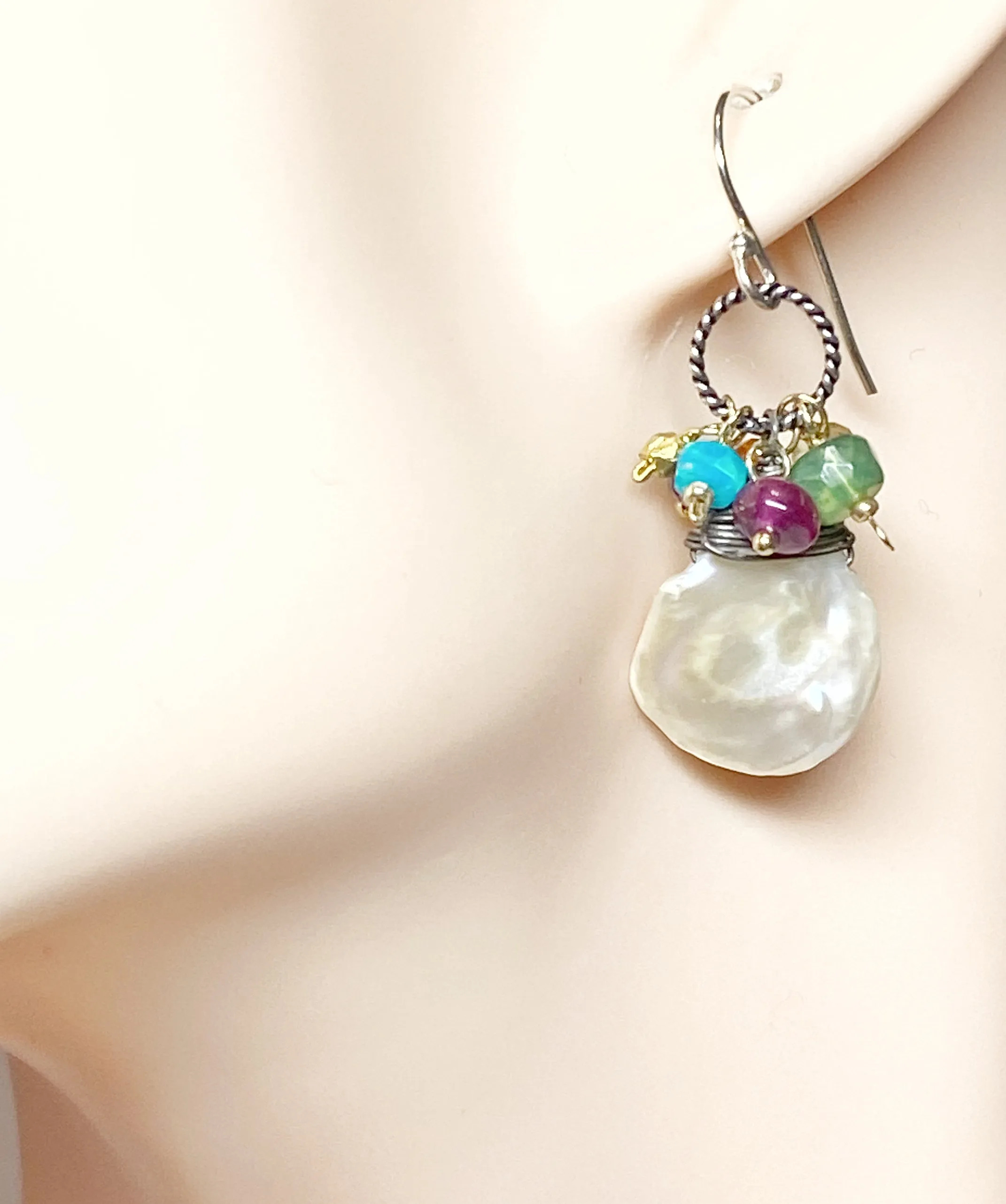 Keishi Pearl Earrings with Colorful Gems and Mixed Metals