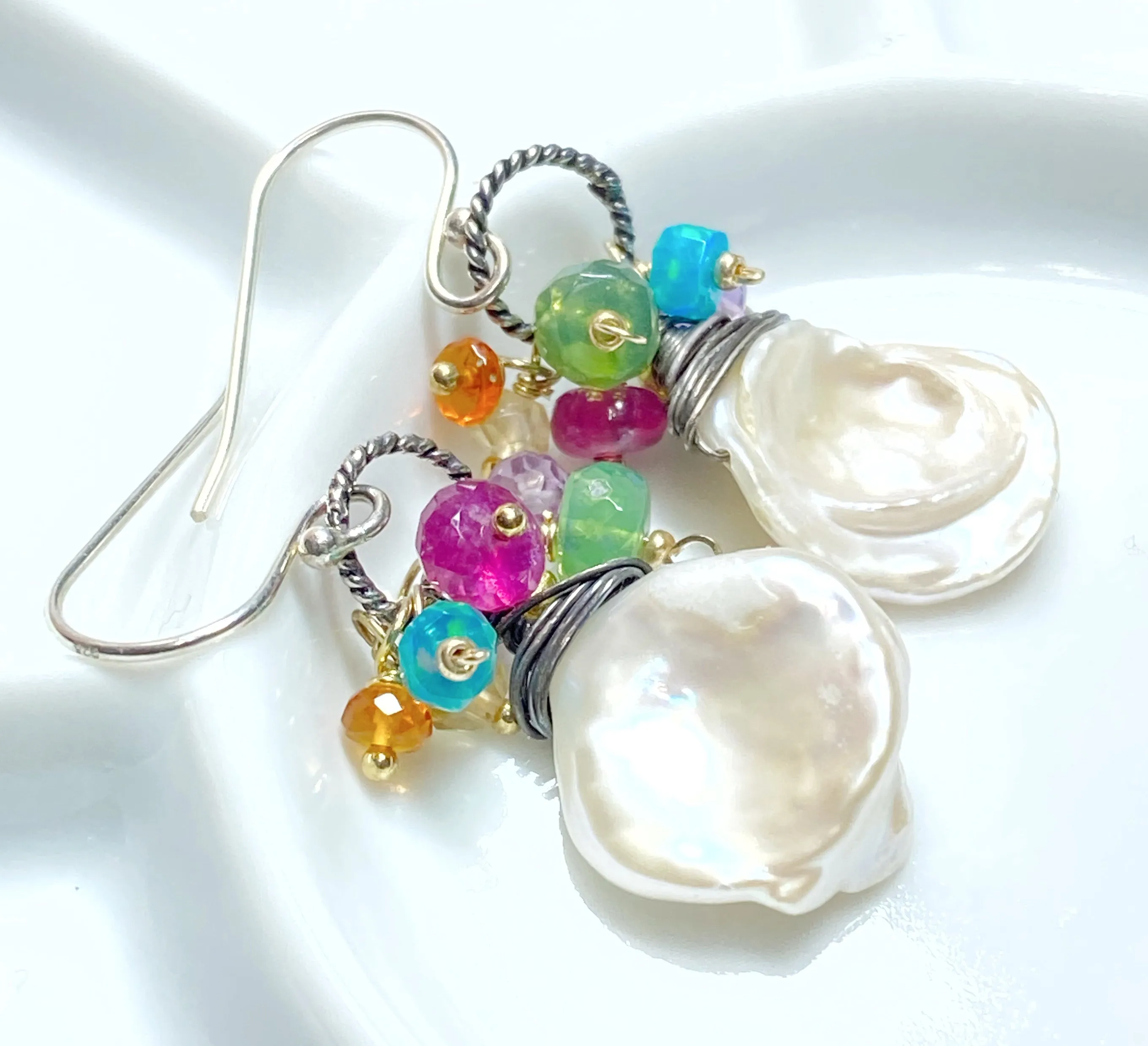 Keishi Pearl Earrings with Colorful Gems and Mixed Metals
