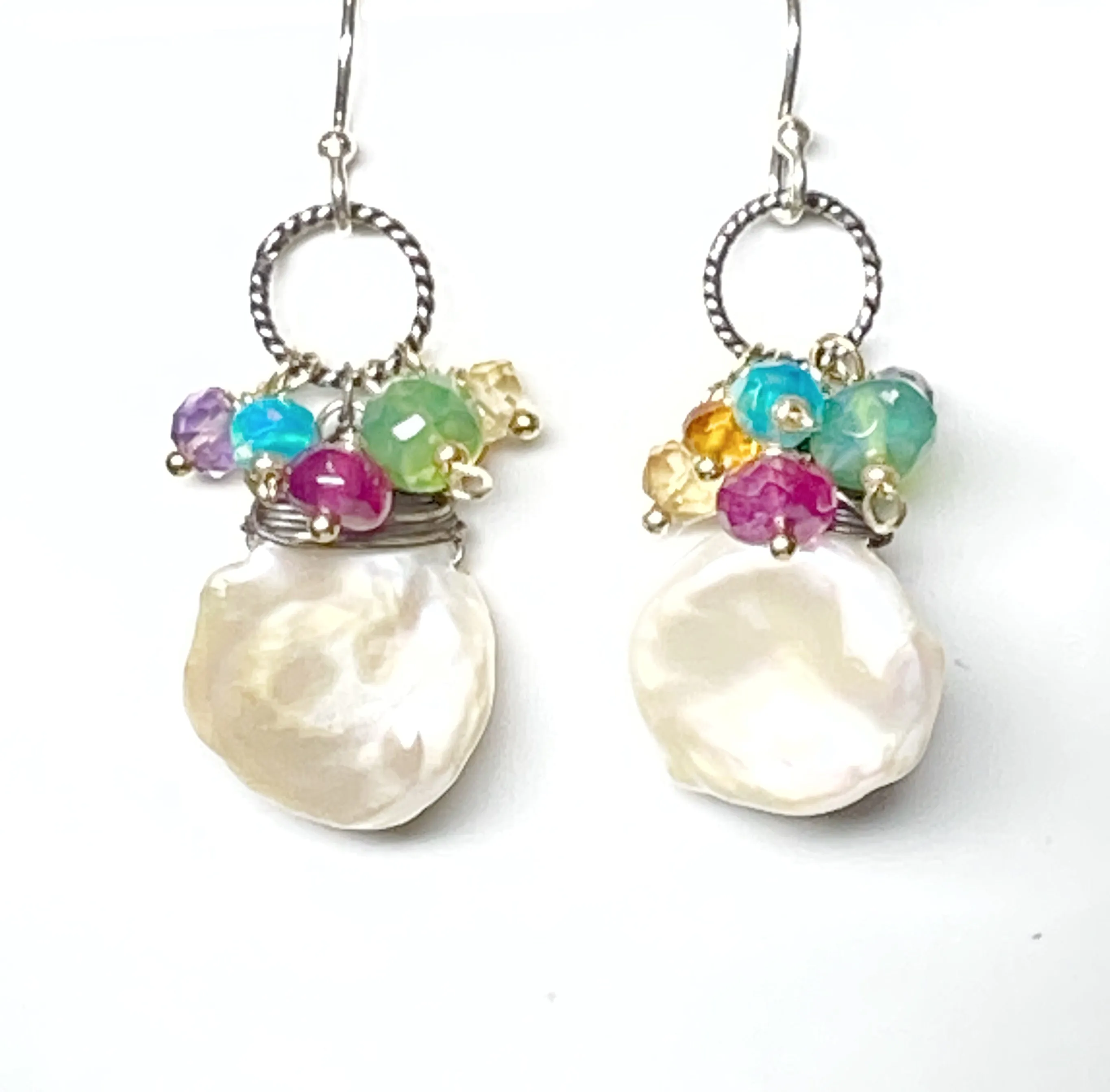 Keishi Pearl Earrings with Colorful Gems and Mixed Metals