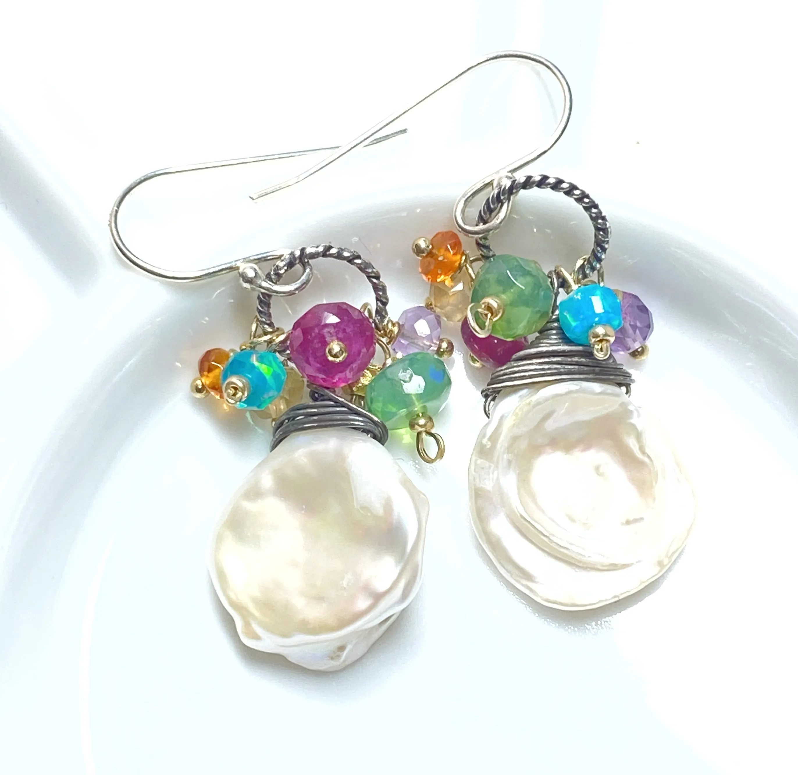 Keishi Pearl Earrings with Colorful Gems and Mixed Metals