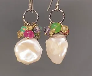 Keishi Pearl Earrings with Colorful Gems and Mixed Metals