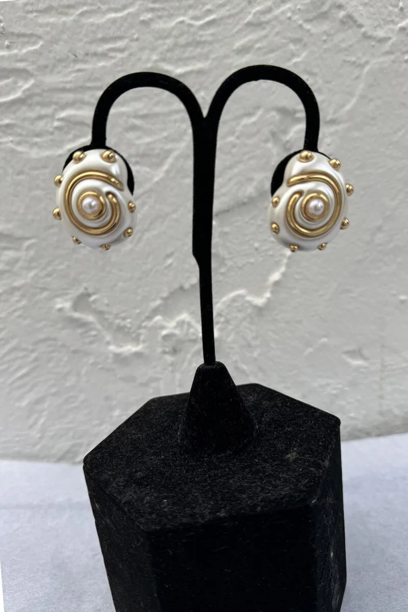 Kenneth Jay Lane Pearl & Gold Snail Earrings