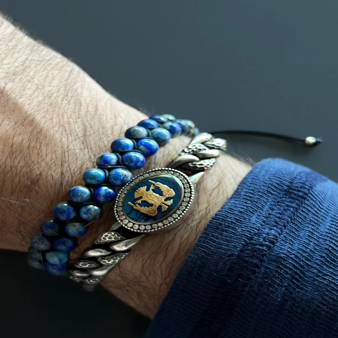Lapis Lazuli Stone Two Row Beaded Woven Striking Bracelet