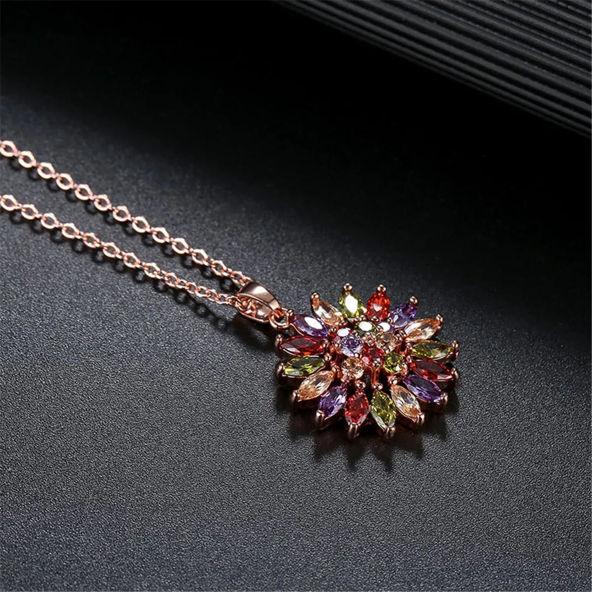 Lavender & Green Crystal Flower Pendant Necklace