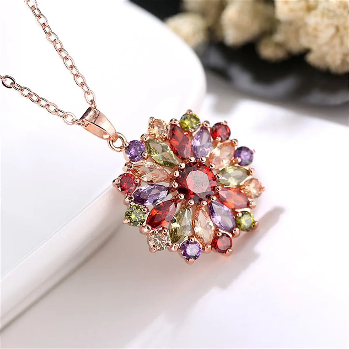 Lavender & Green Crystal Flower Pendant Necklace