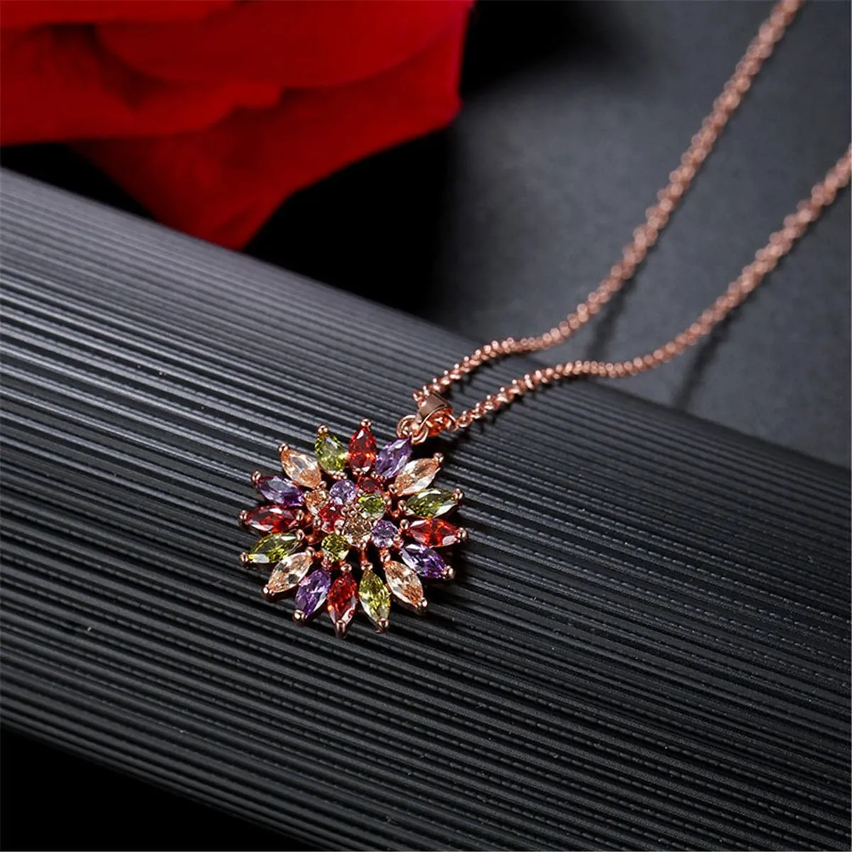 Lavender & Green Crystal Flower Pendant Necklace