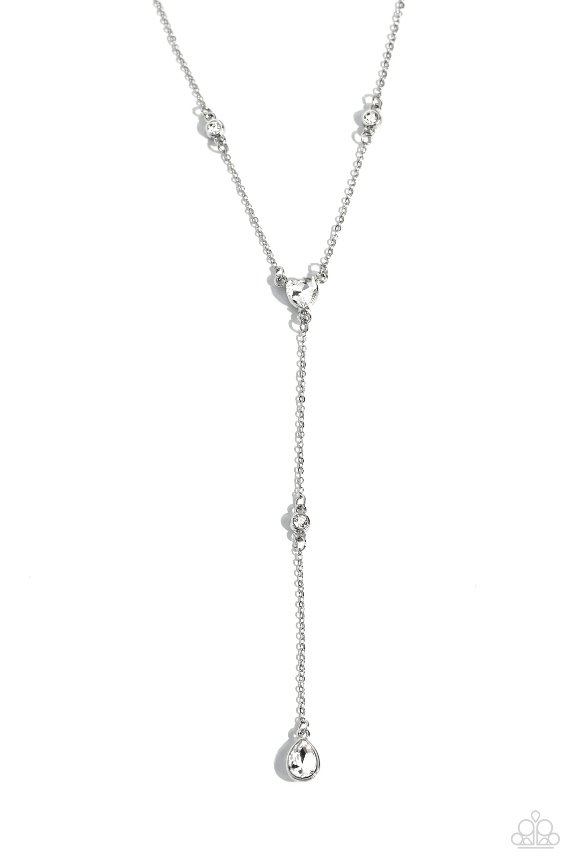 Lavish Lariat - White - Round, Teardrop, Heart Rhinestone Y-Shaped Paparazzi Short Necklace