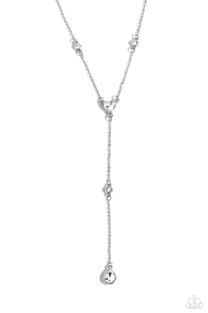 Lavish Lariat - White - Round, Teardrop, Heart Rhinestone Y-Shaped Paparazzi Short Necklace