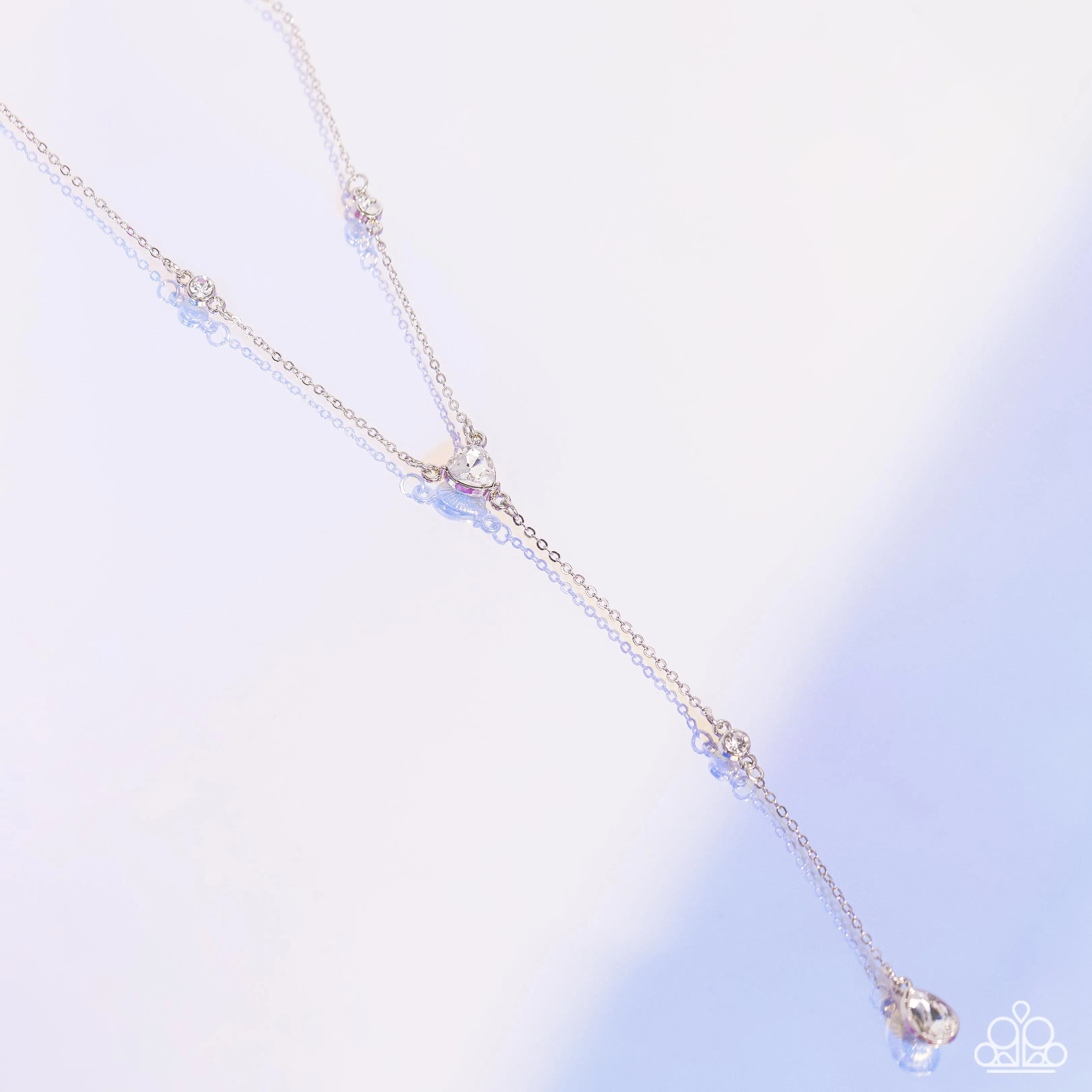 Lavish Lariat - White - Round, Teardrop, Heart Rhinestone Y-Shaped Paparazzi Short Necklace