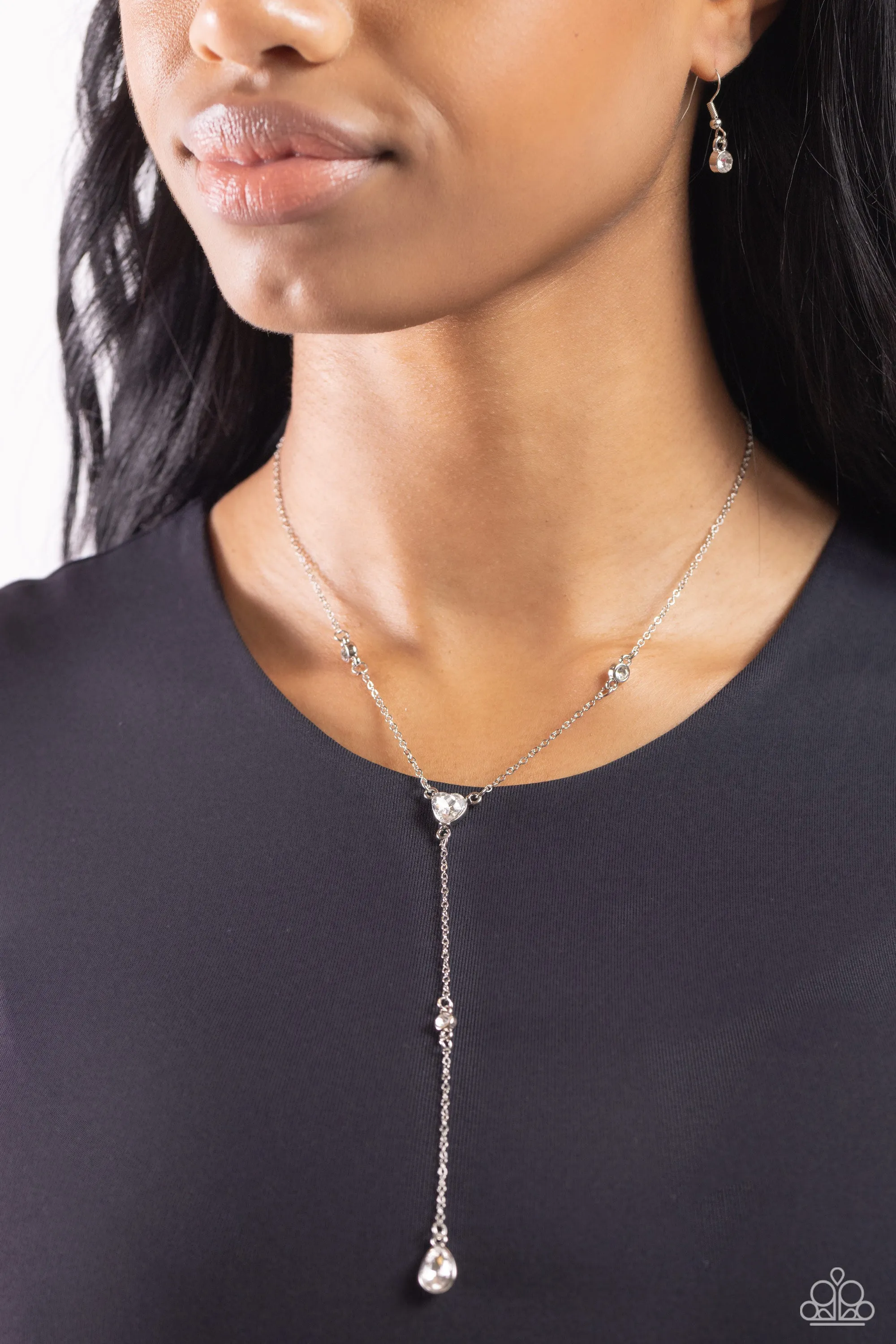 Lavish Lariat - White - Round, Teardrop, Heart Rhinestone Y-Shaped Paparazzi Short Necklace