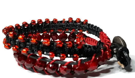 Leather  double wrap beaded macrame bracelet, handmade, The red tulip bracelet