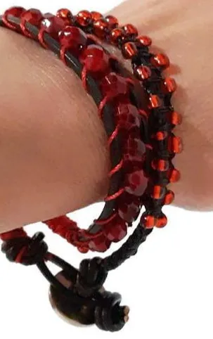 Leather  double wrap beaded macrame bracelet, handmade, The red tulip bracelet
