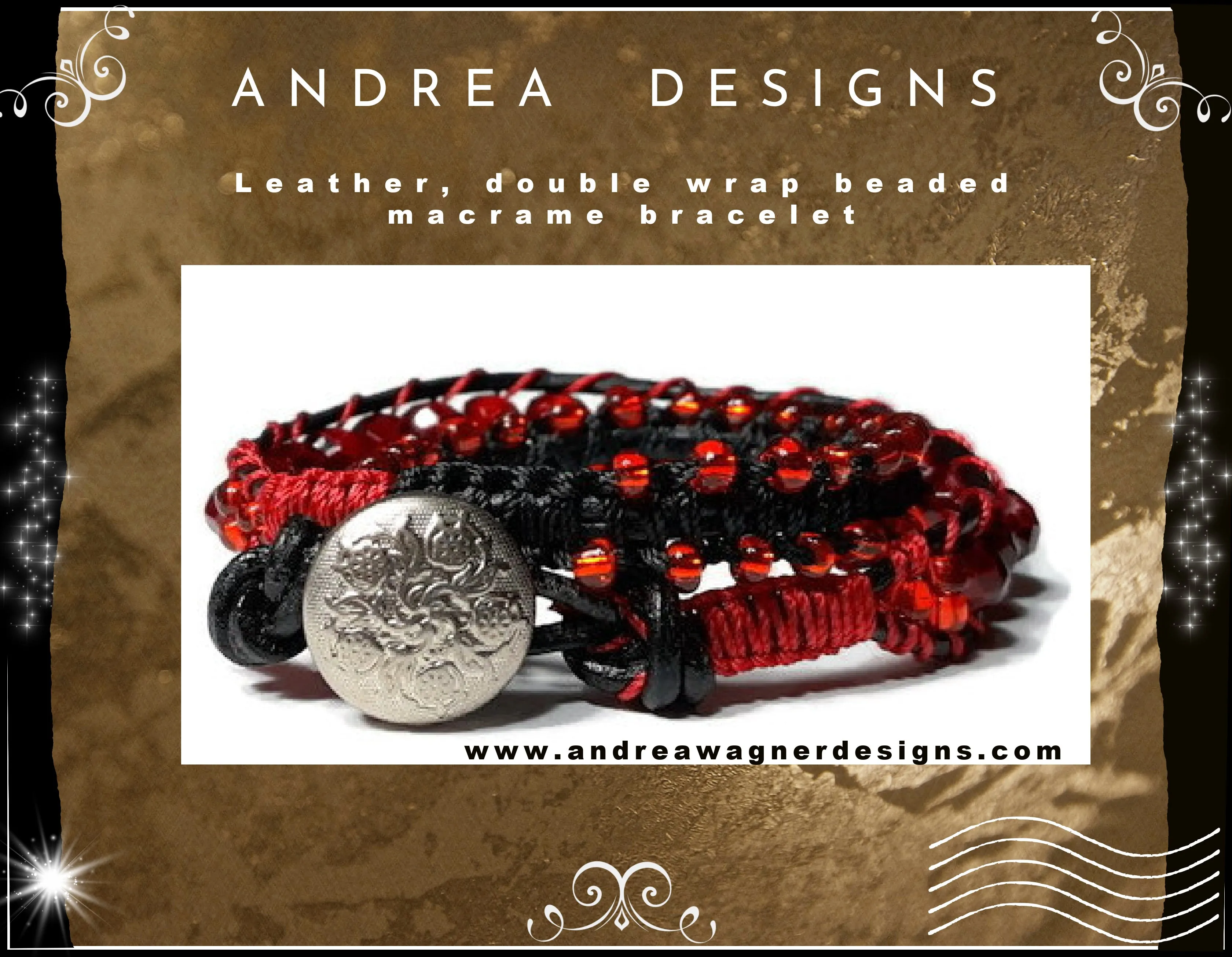 Leather  double wrap beaded macrame bracelet, handmade, The red tulip bracelet