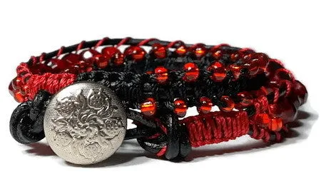 Leather  double wrap beaded macrame bracelet, handmade, The red tulip bracelet