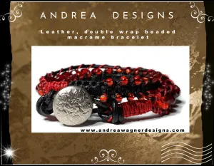 Leather  double wrap beaded macrame bracelet, handmade, The red tulip bracelet