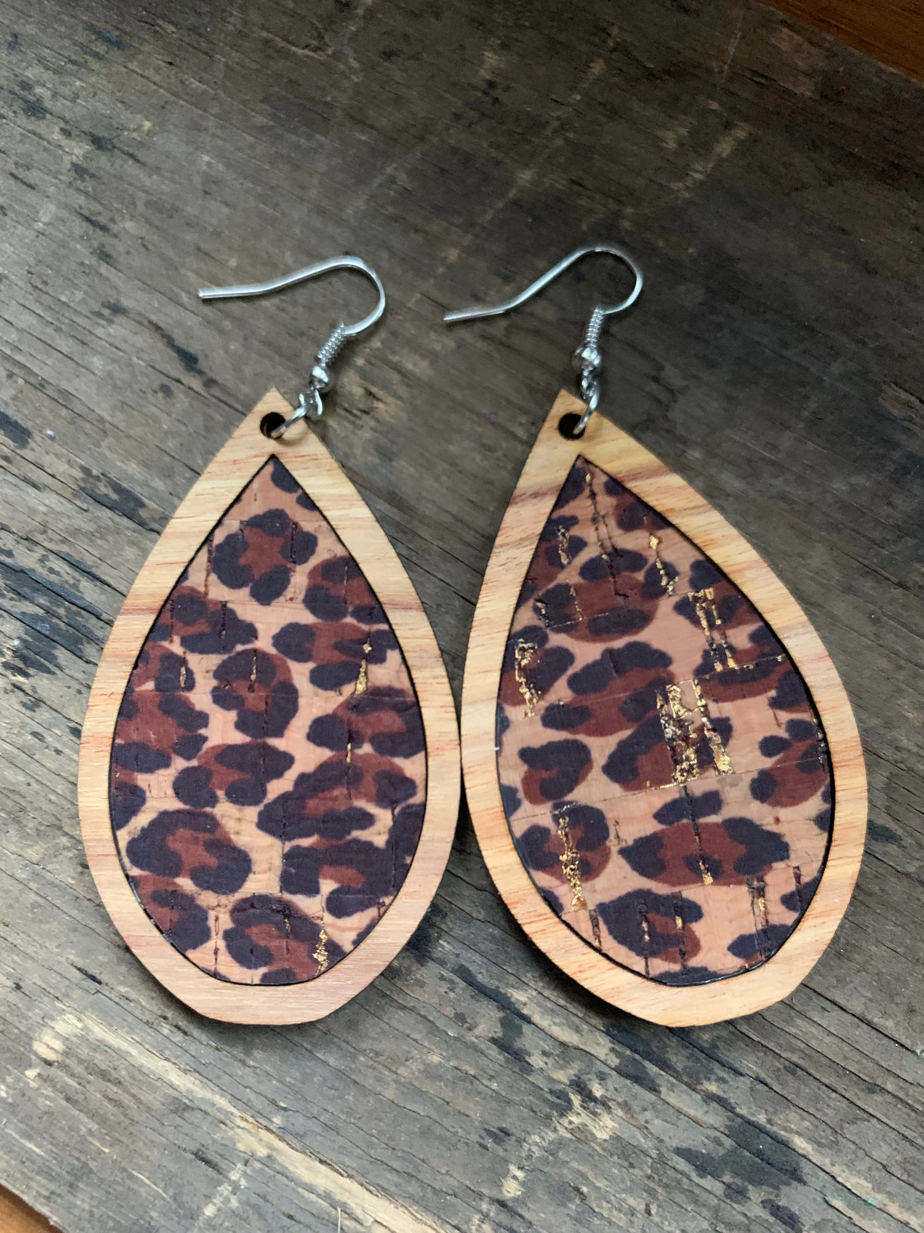 Leopard Cork Wood Teardrop Earrings