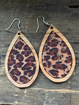 Leopard Cork Wood Teardrop Earrings