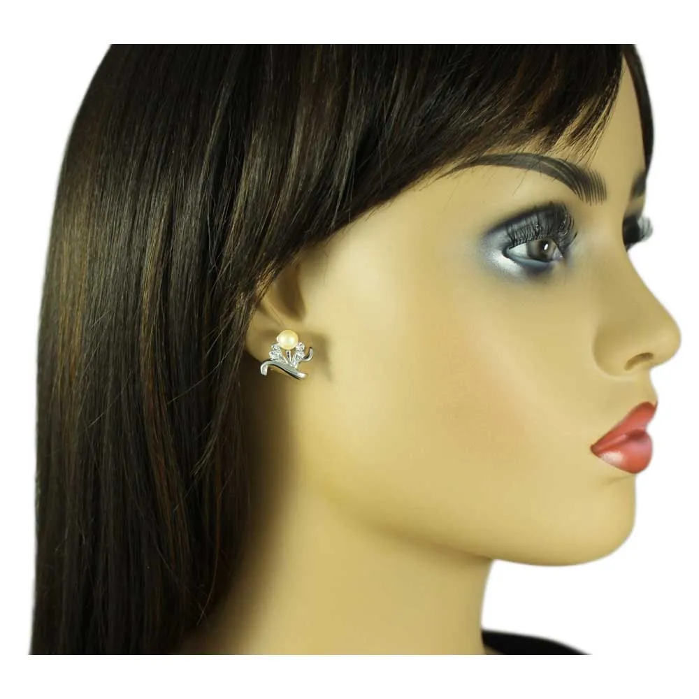 Light Peach Pearl with Crystal Leaves Pierced Earring - PRP915E