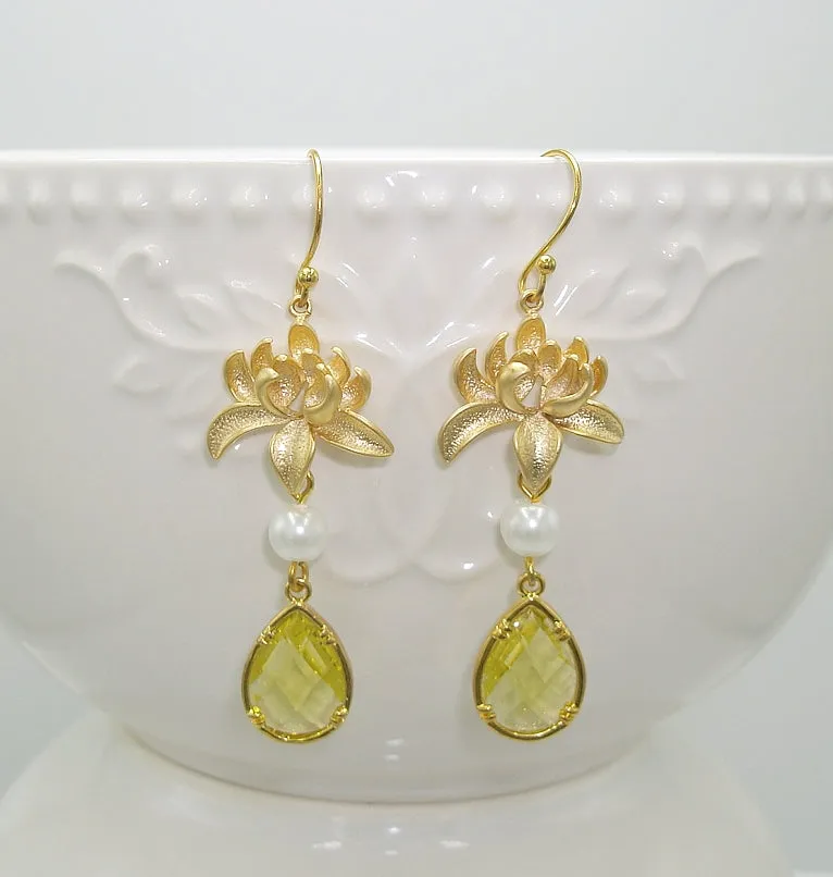 Lime Teardrop Matte Gold Flower Handmade Earrings.