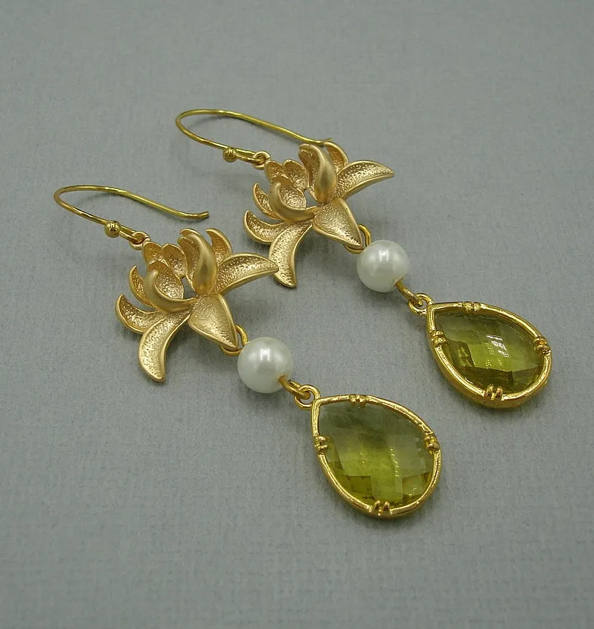 Lime Teardrop Matte Gold Flower Handmade Earrings.