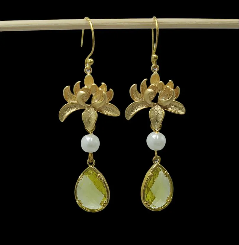 Lime Teardrop Matte Gold Flower Handmade Earrings.