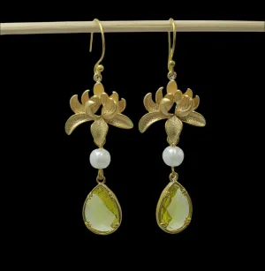 Lime Teardrop Matte Gold Flower Handmade Earrings.