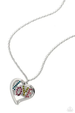 Loving Landmark - Multi - Colorful Rhinestone LOVE Silver Heart Paparazzi Long Necklace