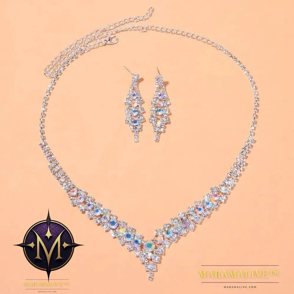 Luxury Crystal Necklace Sets for Women Vintage Jewelry Bride Wedding Accessories V-Shaped Rhinestone Necklace 2Pc/Sets